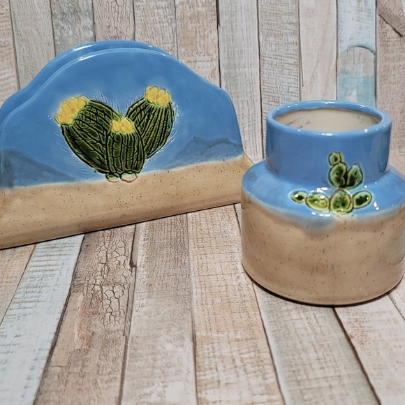 Cute Handmade Ceramic Cactus Design Napkin Holder and Jar/Mini Bowl - Picture 2 of 10